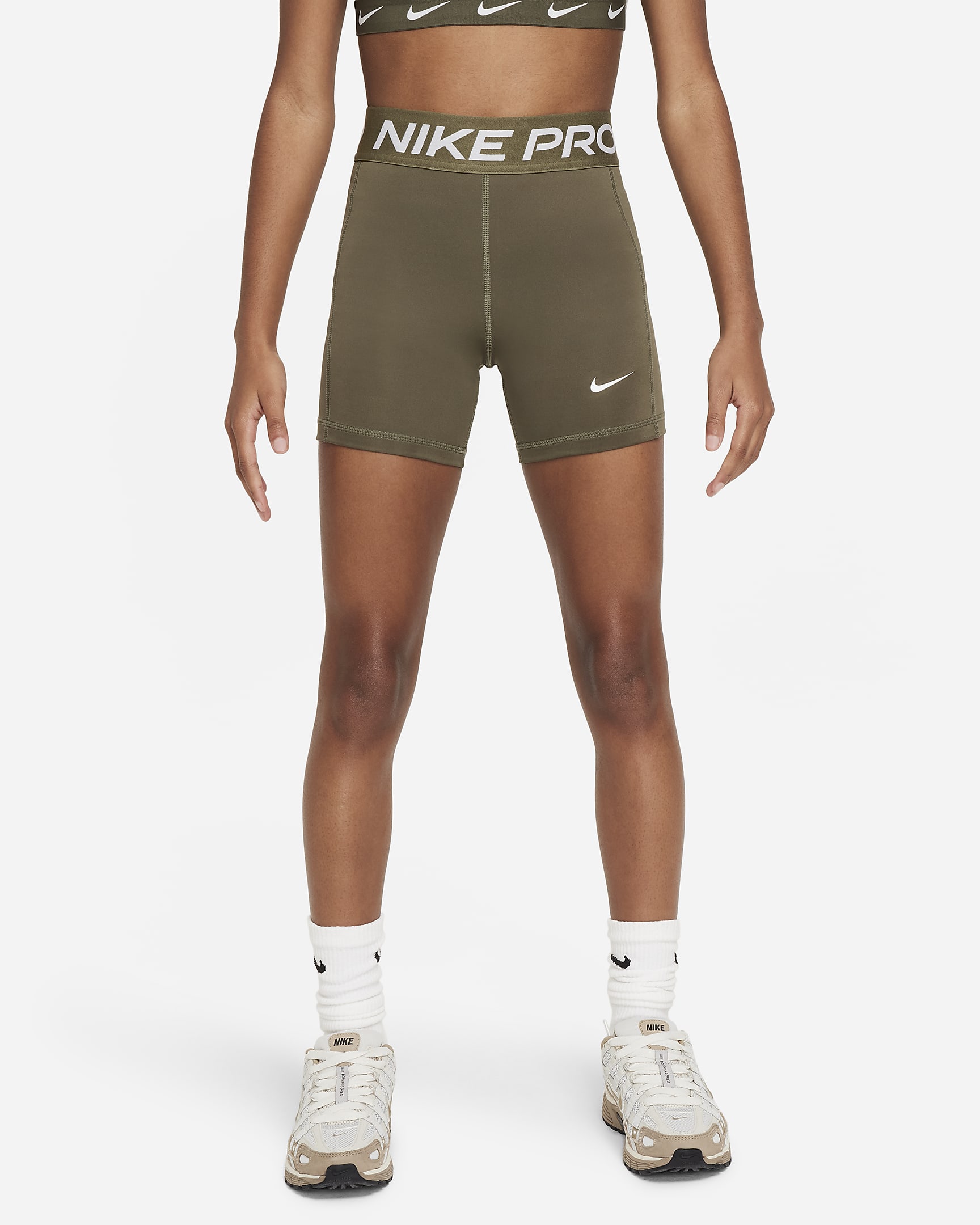 Nike Pro Leak Protection: Period Girls' Dri-FIT Shorts - Medium Olive/White