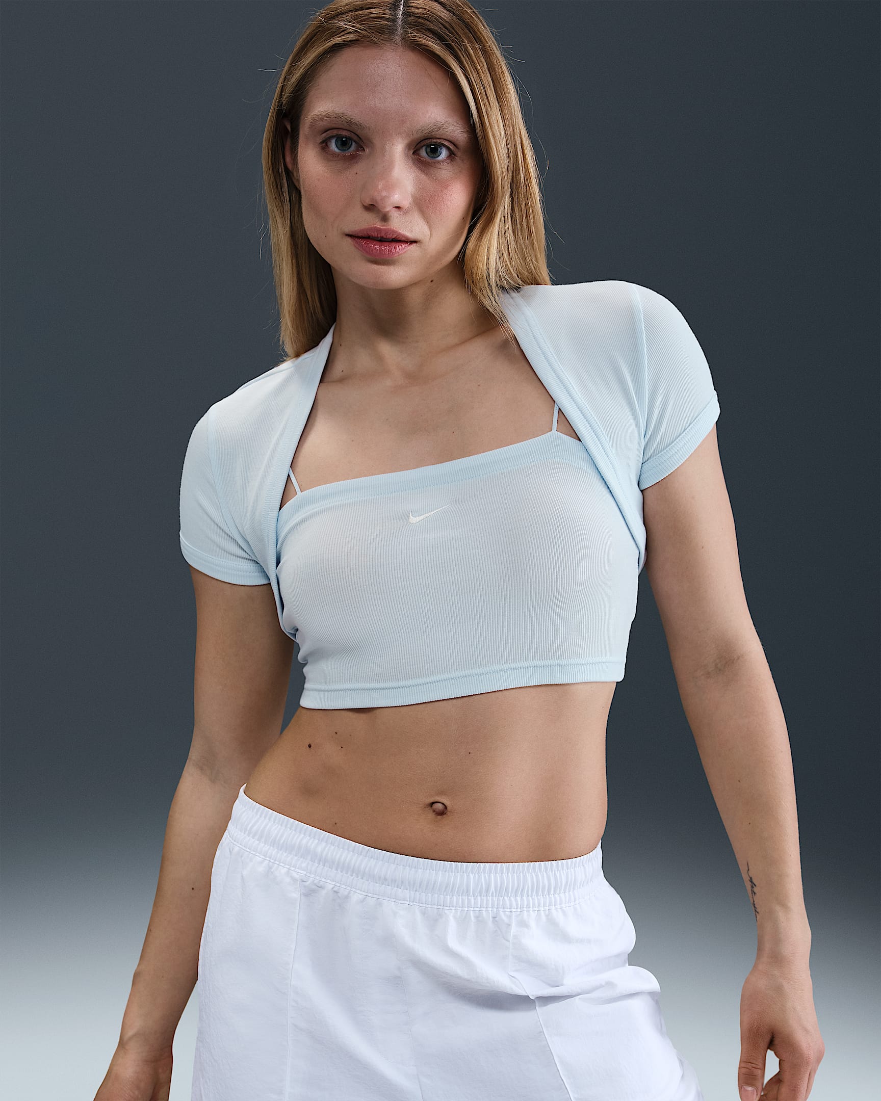 Nike Sportswear Chill Knit Women's Tight Cropped Mini-Rib 2-in-1 Top - Blue Tint/Sail