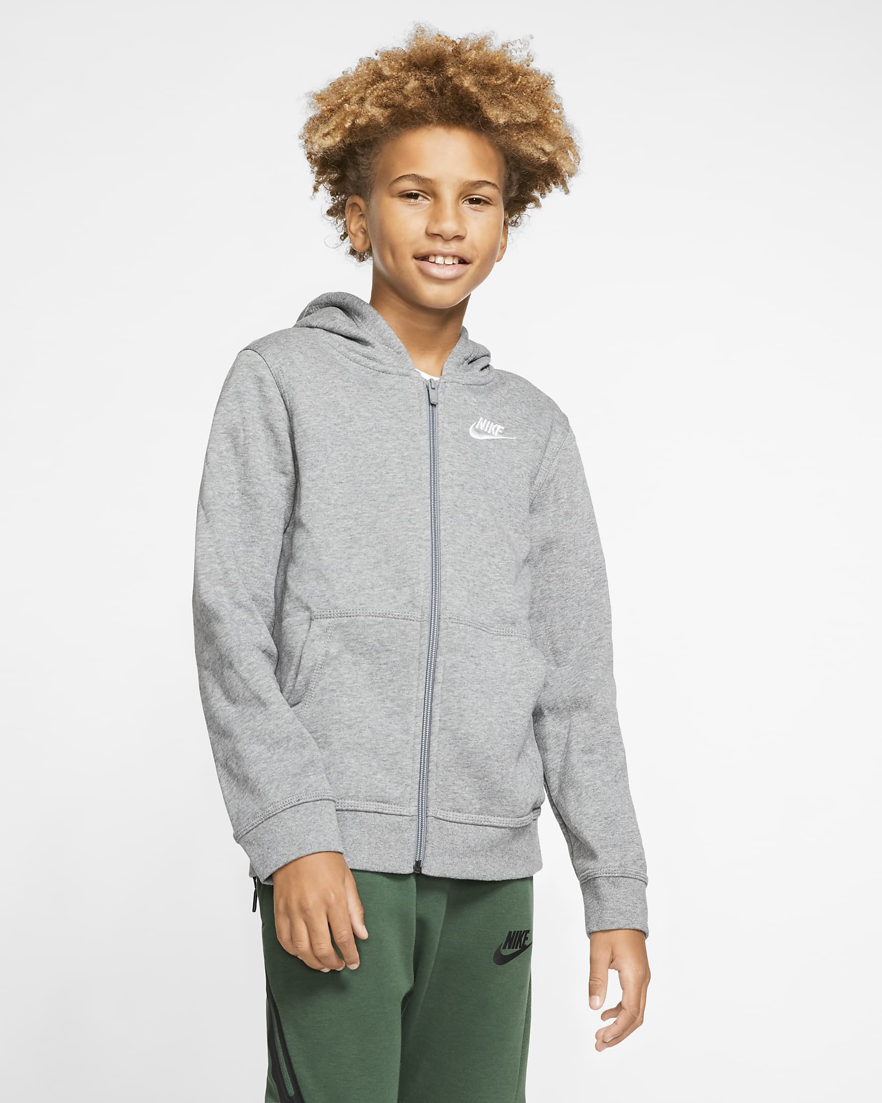 Nike Sportswear Club Big Kids' Full-Zip Hoodie - Carbon Heather/Smoke Grey/White