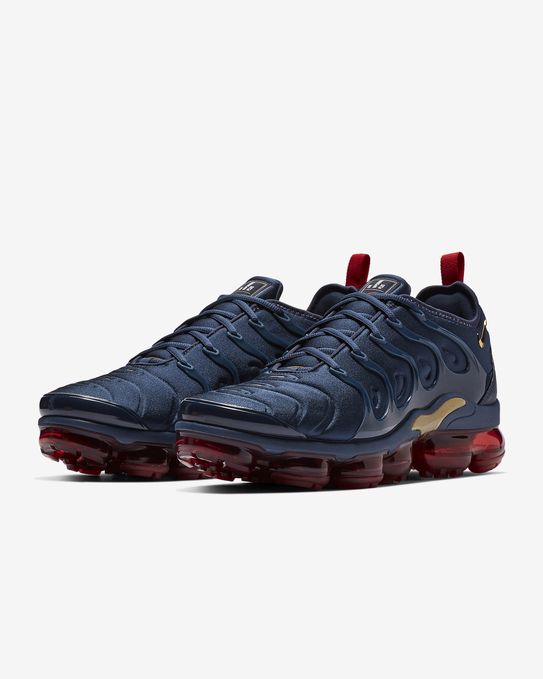 Tenis para hombre Nike Air VaporMax Plus - Azul marino medianoche/Negro/Rojo universitario/Oro metalizado