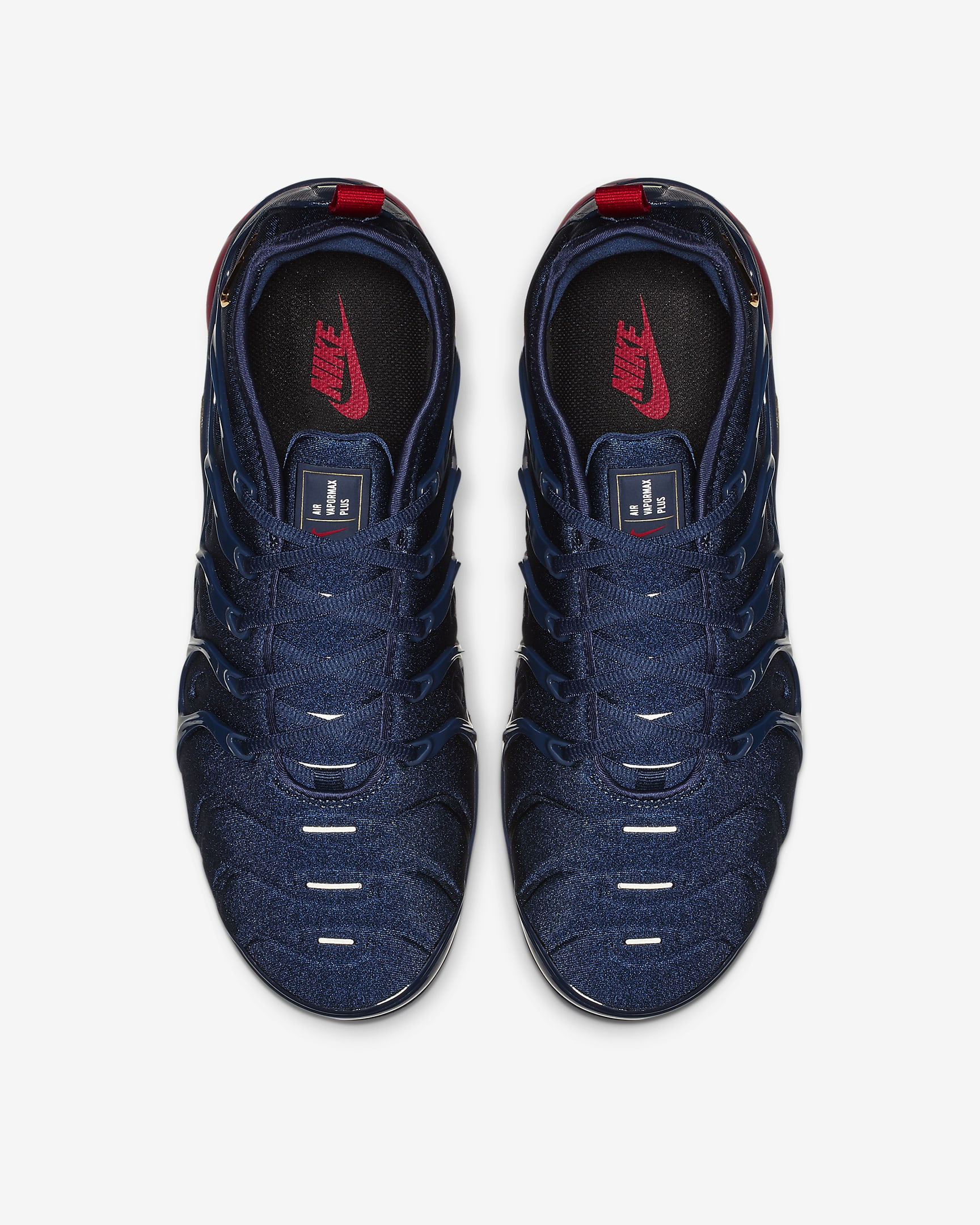 Tenis para hombre Nike Air VaporMax Plus - Azul marino medianoche/Negro/Rojo universitario/Oro metalizado