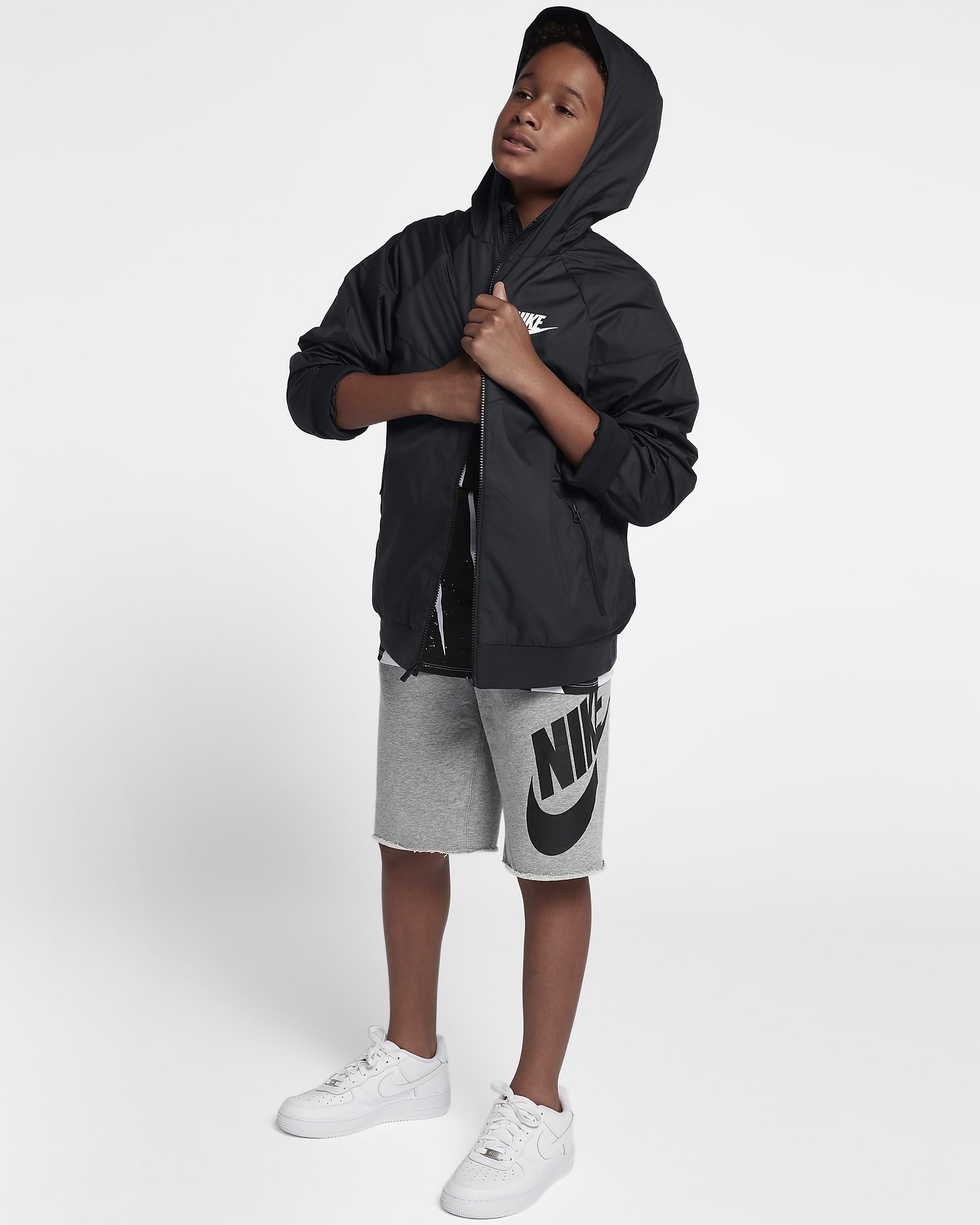 Nike Sportswear Windrunner Kalçaya Kadar İnen Bol Kesimli Genç Çocuk (Erkek) Ceketi - Siyah/Siyah/Siyah/Beyaz