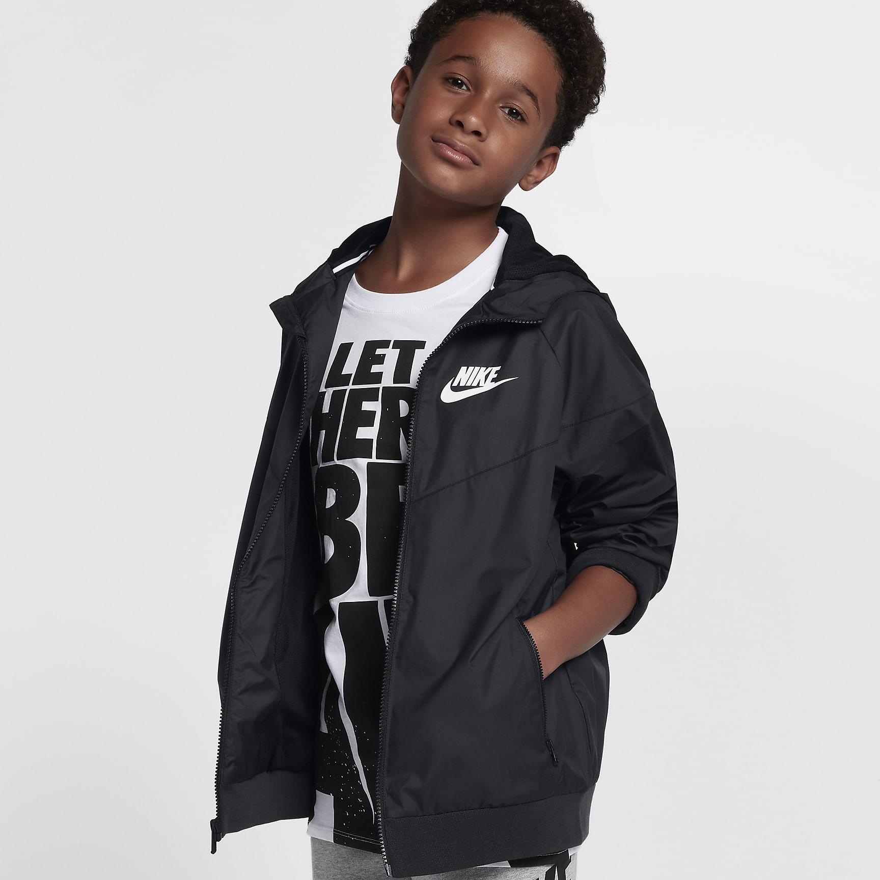 Nike Sportswear Windrunner Older Kids' (Boys') Loose Hip-Length Hooded Jacket - Black/Black/Black/White