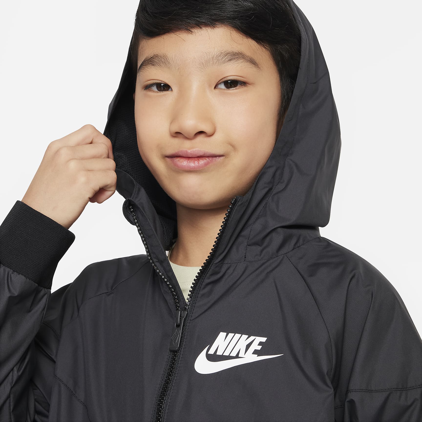 Giacca ampia lunga fino ai fianchi con cappuccio Nike Sportswear Windrunner – Ragazzo - Nero/Nero/Nero/Bianco