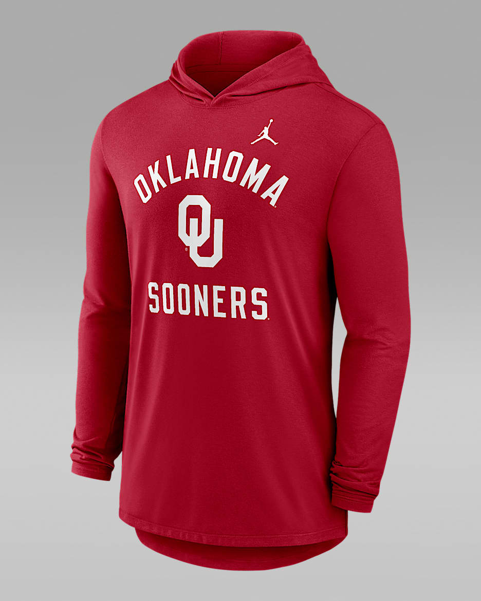 Oklahoma Campus Arch Men's Jordan Brand Dri-FIT College Long-Sleeve Hooded T-Shirt - Crimson
