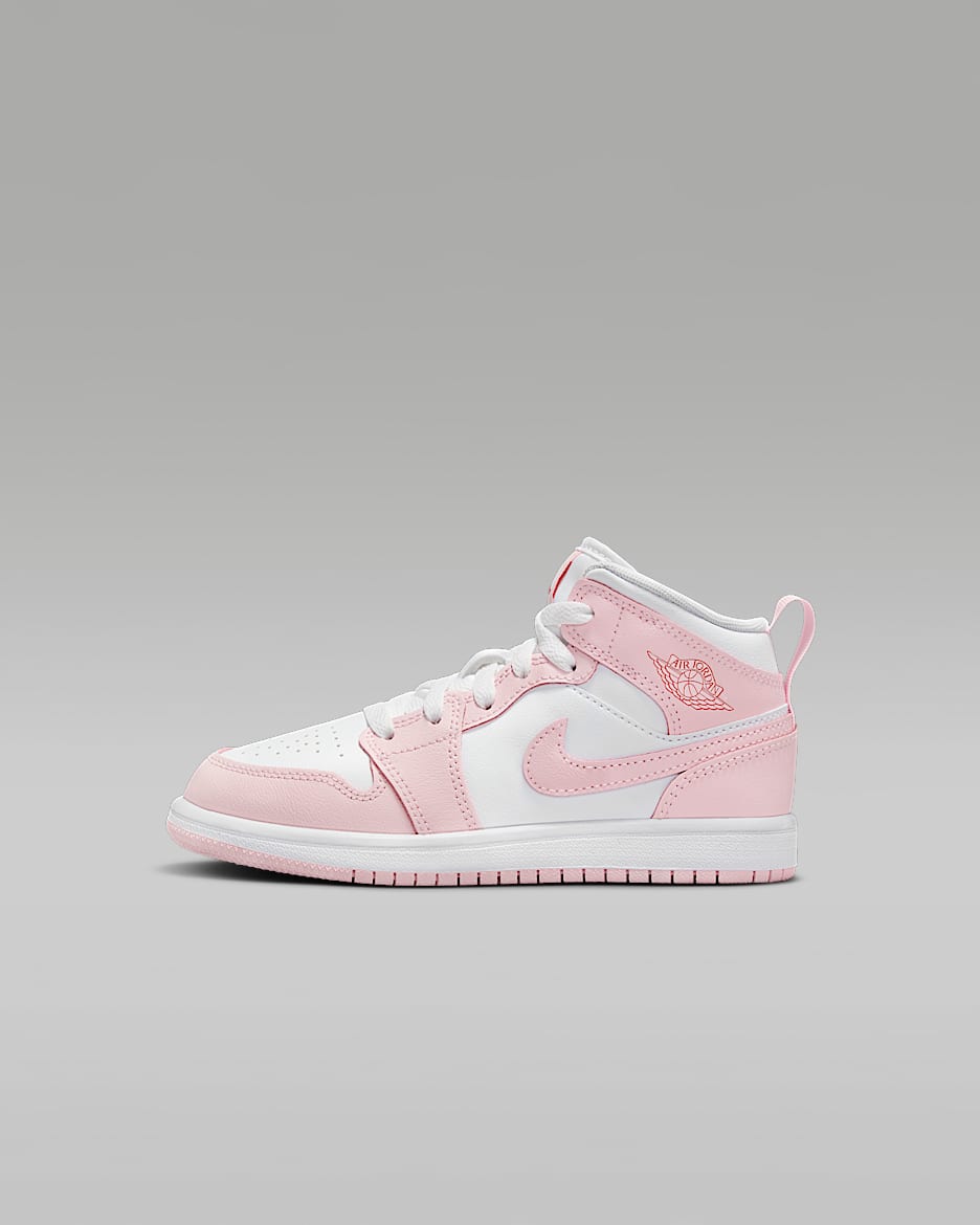Jordan 1 Mid Younger Kids' Shoes - Pink Foam/Fire Red/White