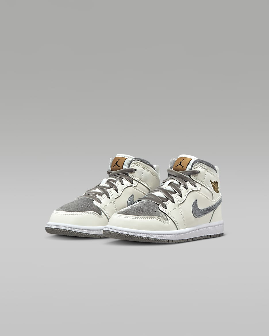 Jordan 1 Mid SE Younger Kids' Shoes - Sail/Metallic Gold/Flat Pewter