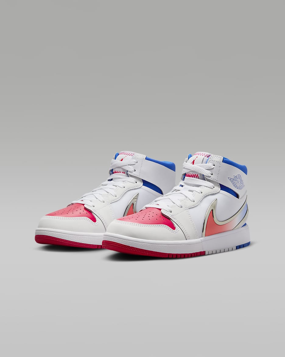 Sapatilhas Jordan 1 Mid RM EasyOn Júnior - Branco/Azul Racer/Vermelho Siren