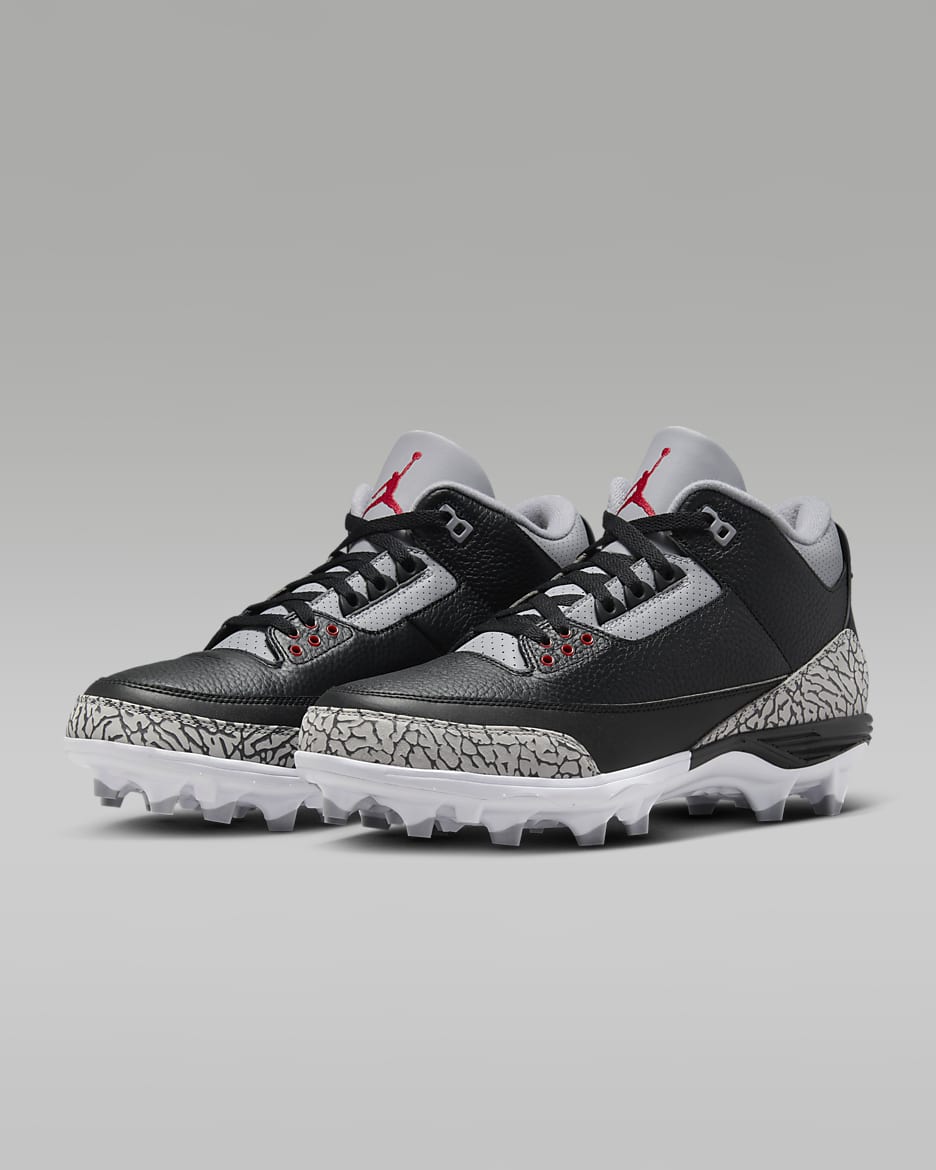 Jordan 3 Mid TD Men's Football Cleats - Black/Cement Grey/White/Fire Red