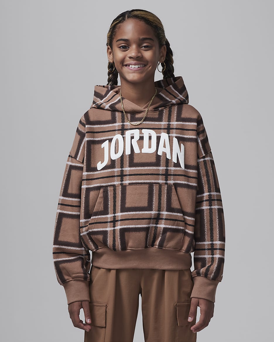 Sudadera con gorro sin cierre con estampado a cuadros para niños talla grande Jordan Brooklyn Essentials - Marrón arqueo