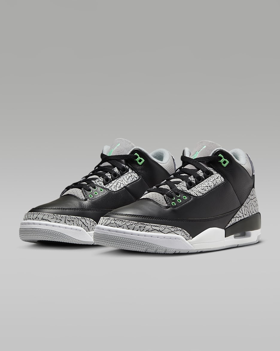 รองเท้าผู้ชาย Air Jordan 3 Retro "Green Glow" - ดำ/Wolf Grey/ขาว/Green Glow