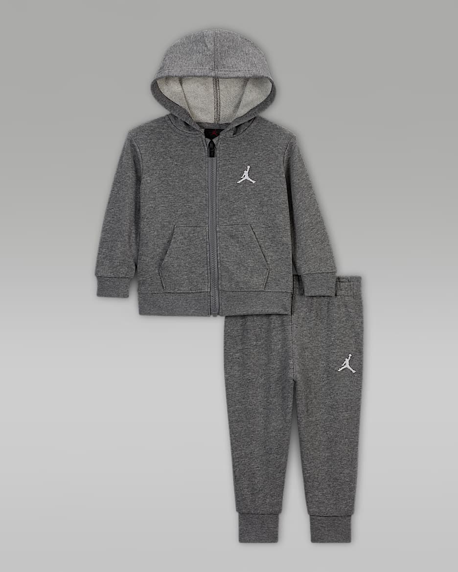 Conjunto de sudadera con gorro de cierre completo de French Terry de dos piezas para bebé (12-24 meses) Jordan MJ Brooklyn - Carbono jaspeado