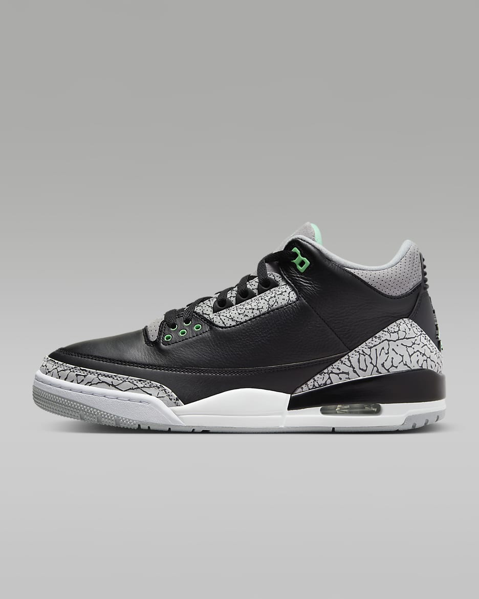 รองเท้าผู้ชาย Air Jordan 3 Retro "Green Glow" - ดำ/Wolf Grey/ขาว/Green Glow