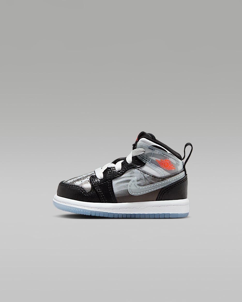 Jordan 1 Mid Sneaker School Baby/Toddler Shoes - Black/Total Crimson/White/Ice Blue