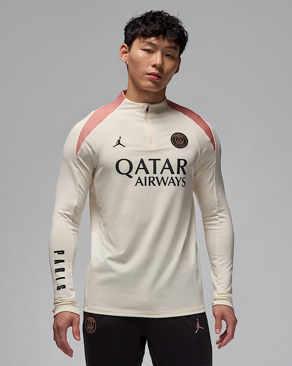 파리 생제르맹 스트라이크 서드 남성 조던 드라이 핏 축구 드릴 탑 - 페일 아이보리/러스트 핑크/블랙