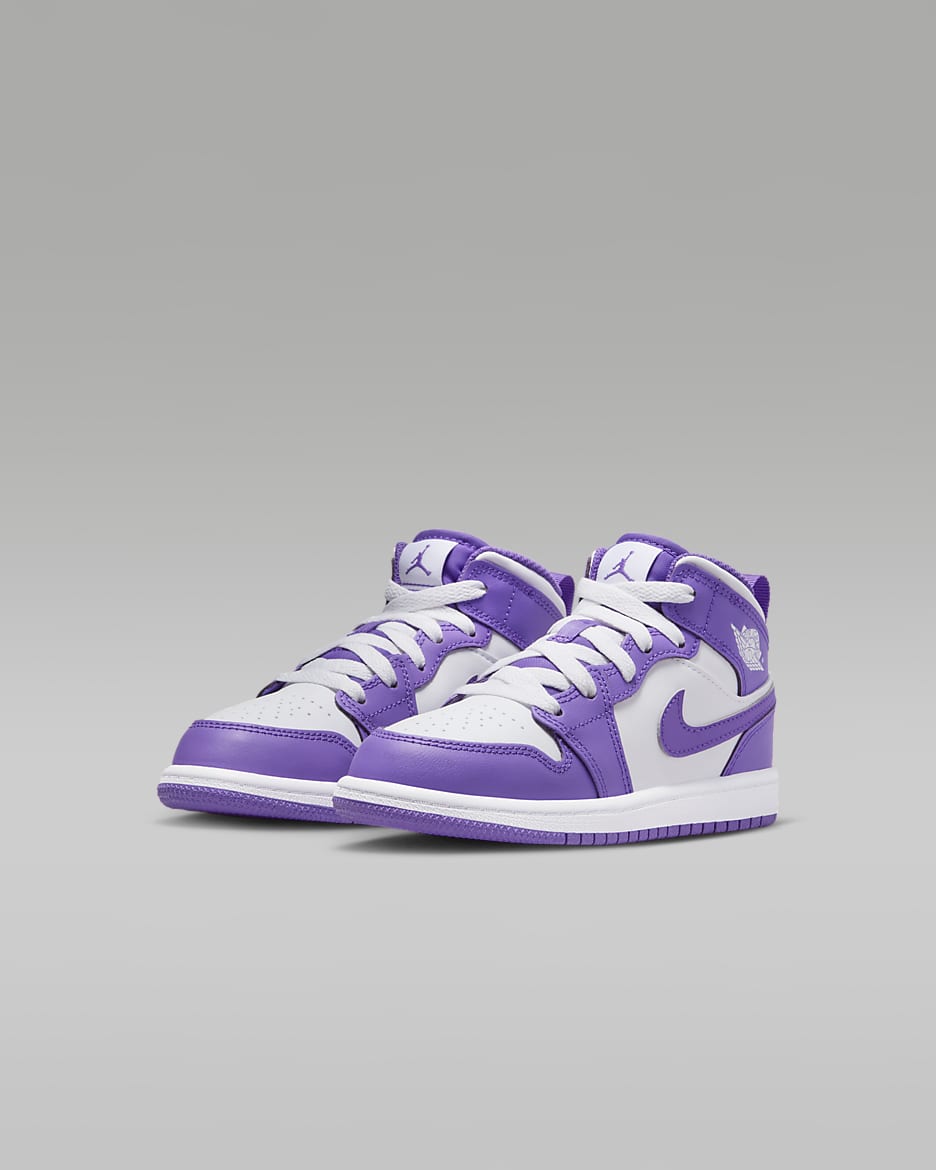 Jordan 1 Mid Younger Kids' Shoes - Purple Venom/White