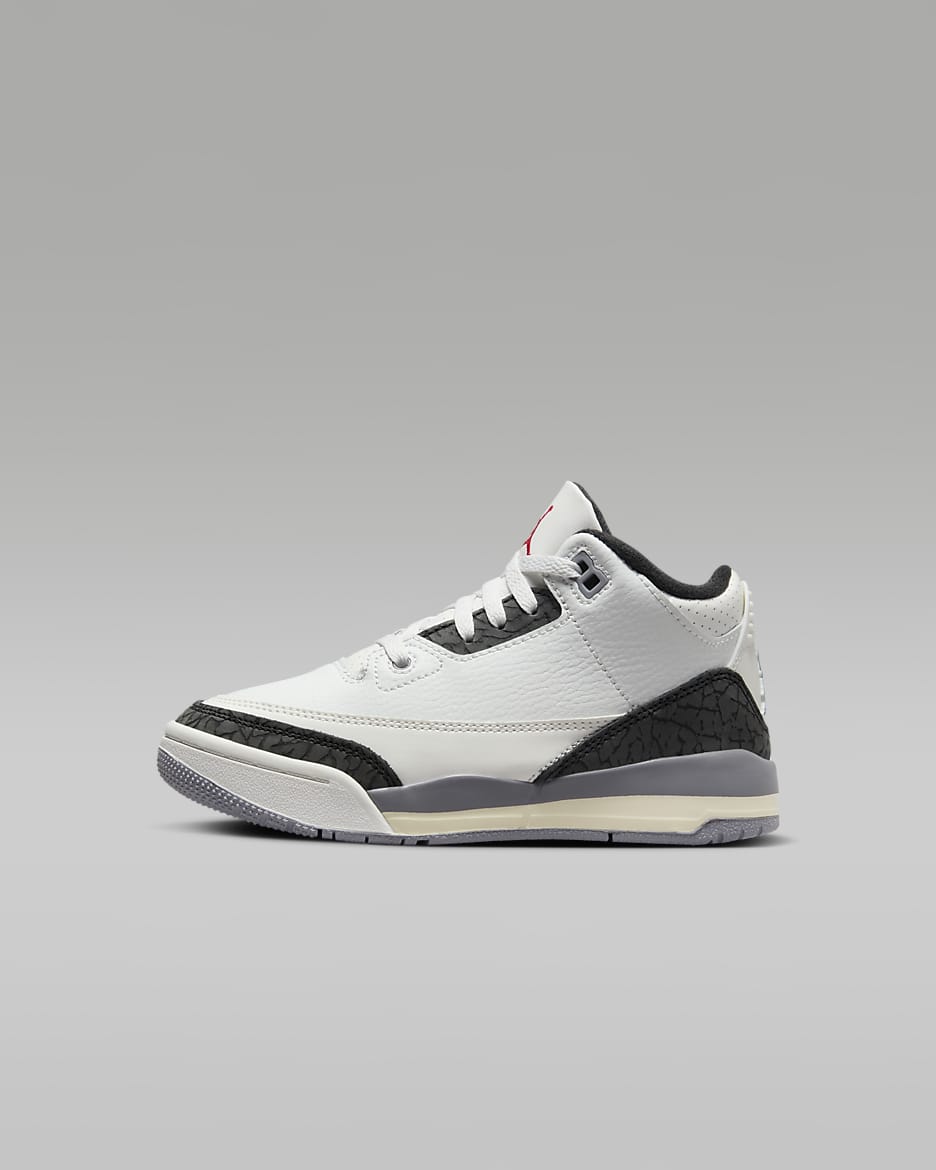 Tenis para niños de preescolar Jordan 3 Retro "Cement Gray" - Blanco cumbre/Gris cemento/Negro/Rojo pasión