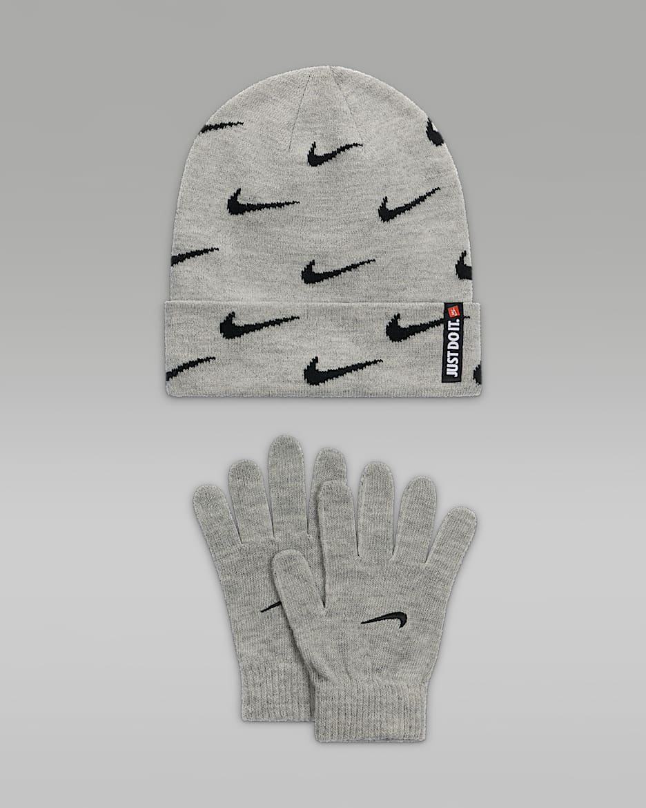 Nike Swoosh Repeat Beanie and Gloves Set Big Kids' Set - Dark Grey Heather