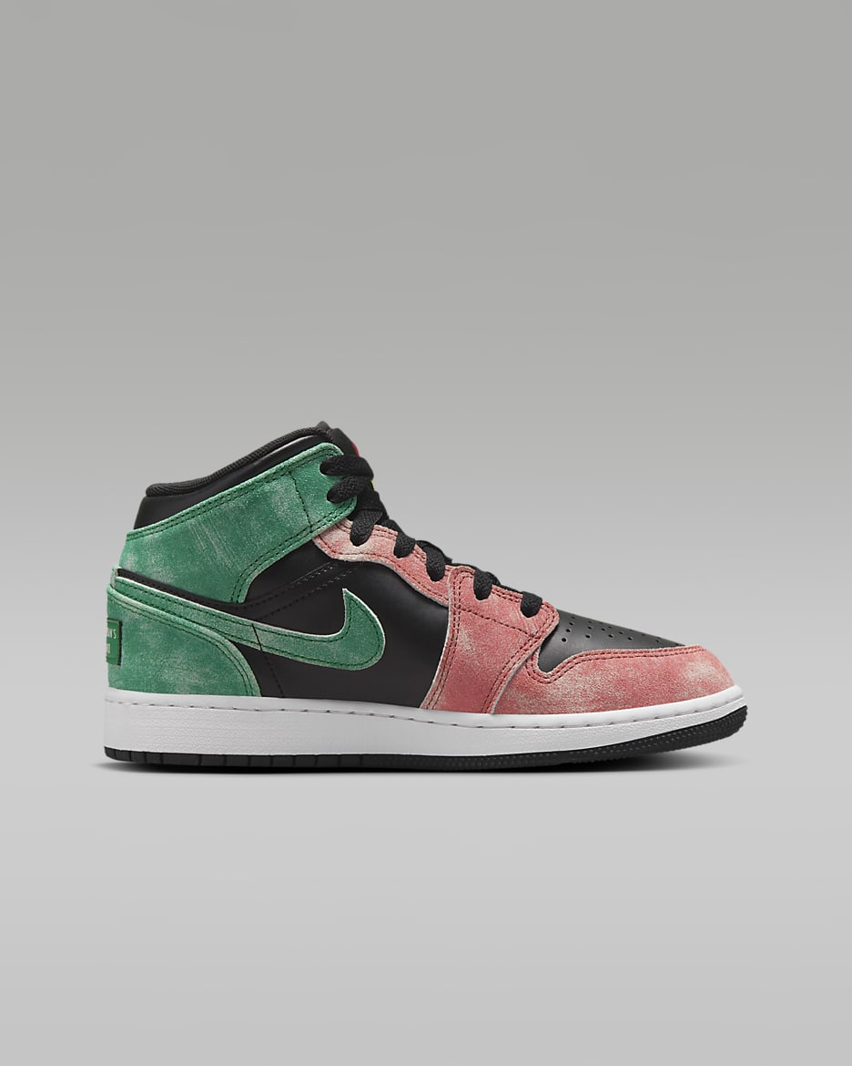 รองเท้าเด็กโต Air Jordan 1 Mid SE - ดำ/Dune Red/Pine Green/Pine Green