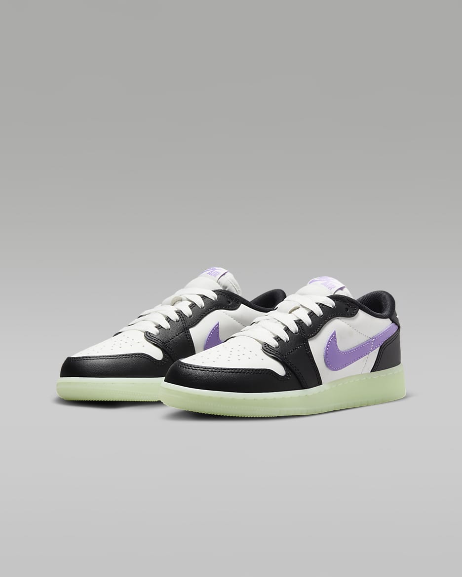 Air Jordan 1 Retro Low Big Kids' Shoes - Black/Volt Tint/Summit White/Black Raspberry