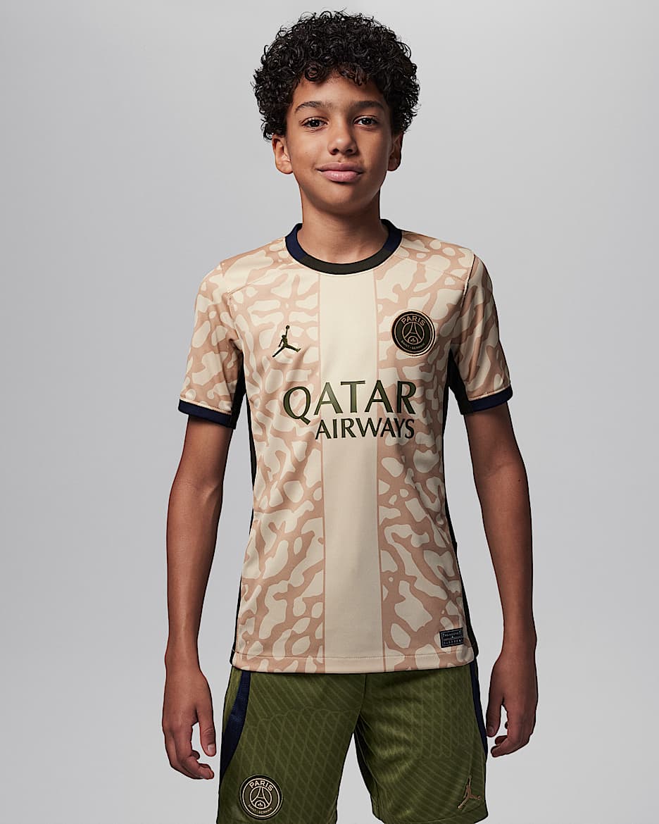 Jersey de fútbol Replica Jordan Dri-FIT para niños talla grande del Paris Saint-Germain complementario 2023/24 Stadium - Cáñamo/Obsidiana/Secuoya/Verde puro
