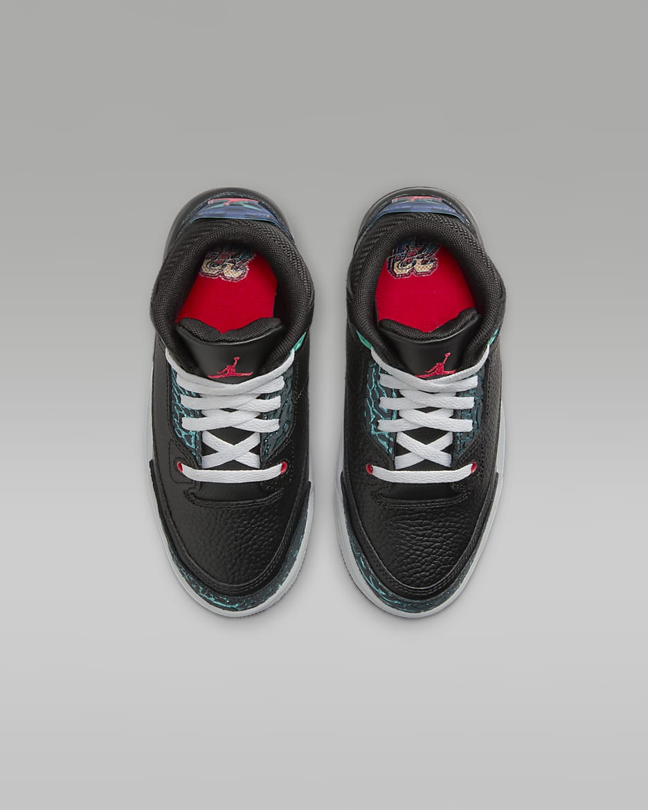 Tenis para niños de preescolar Jordan 3 Retro - Negro/Hiperjade/Blanco/Rojo sirena