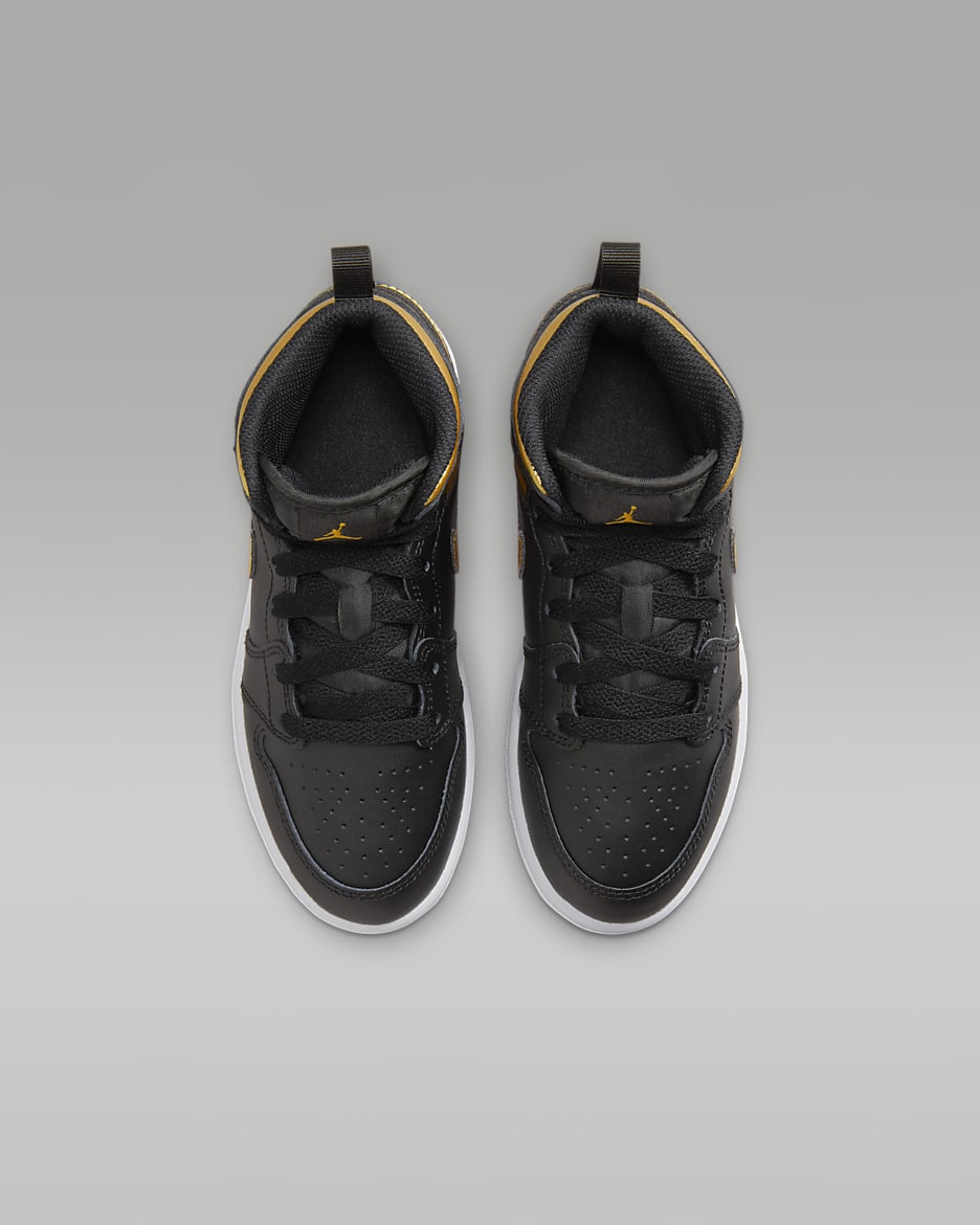 Jordan 1 Mid Younger Kids' Shoes - Black/White/Metallic Gold