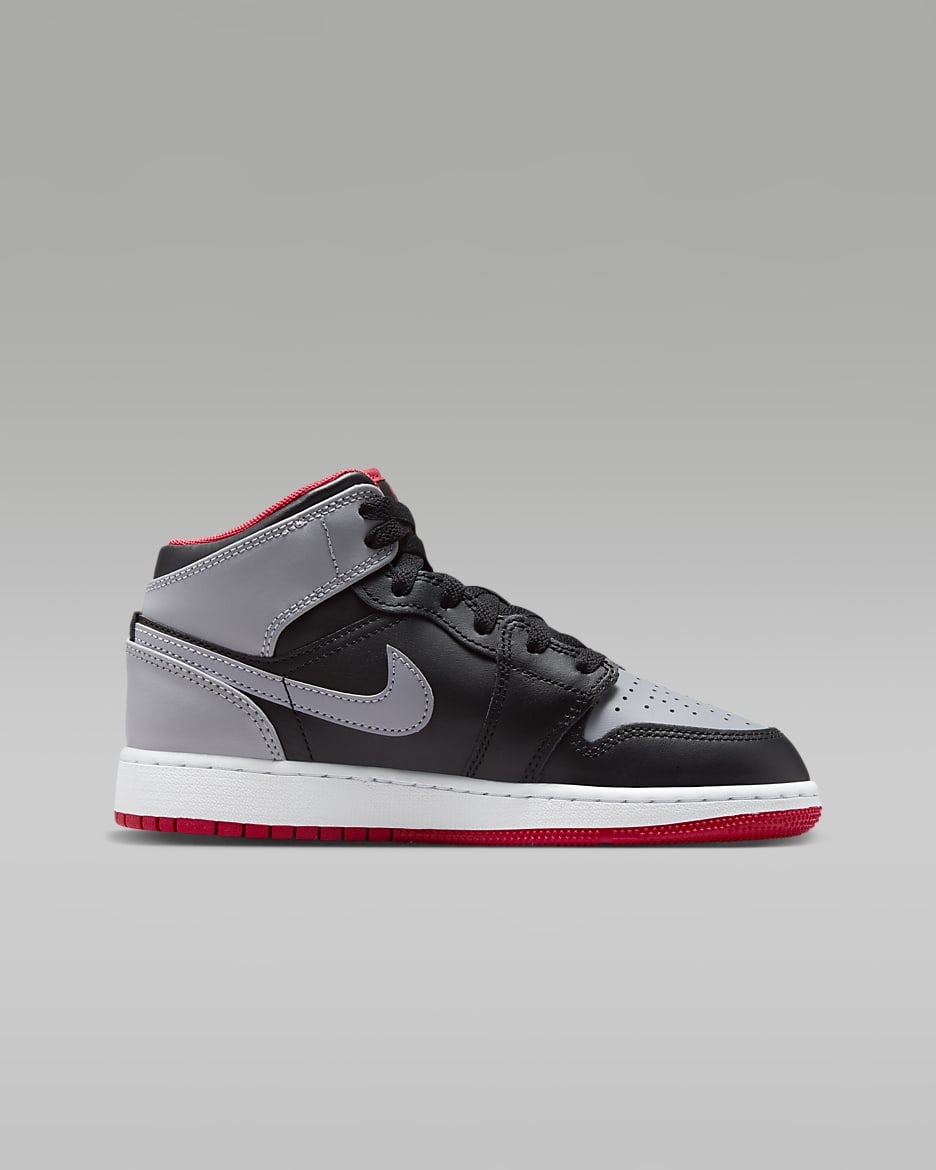 Air Jordan 1 Mid Big Kids' Shoes - Black/Fire Red/White/Cement Grey