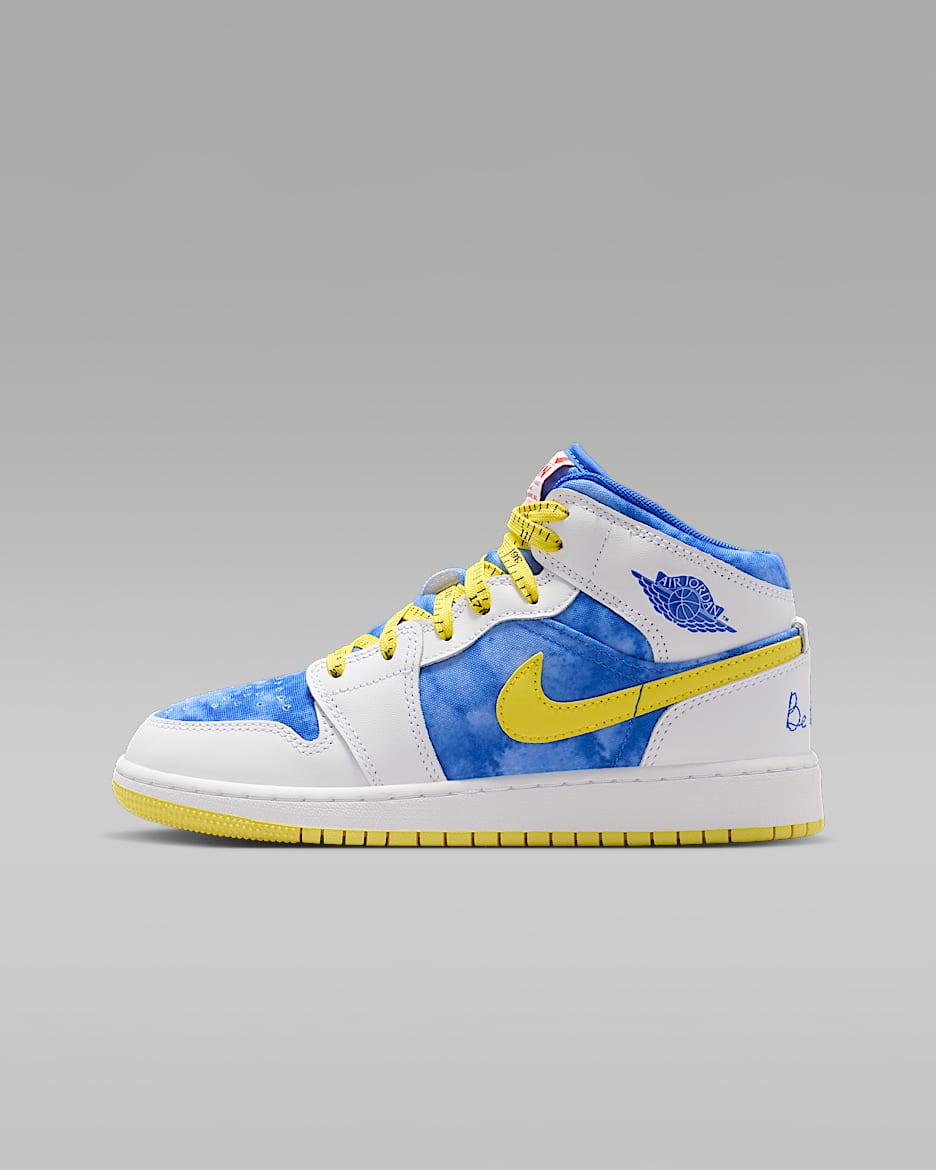 Air Jordan 1 Mid Sneaker School Big Kids' Shoes - White/Opti Yellow/Royal Tint/Racer Blue