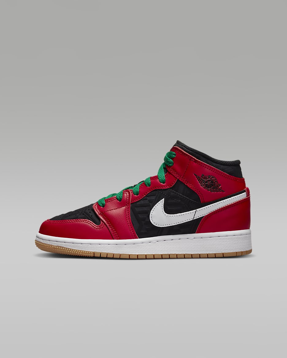 Air Jordan 1 Mid SE Older Kids' Shoes - Black/White/Malachite/Fire Red