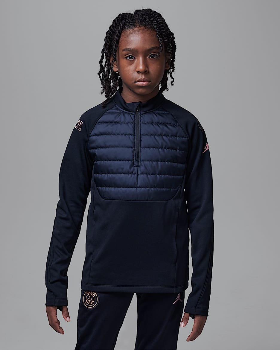Paris Saint-Germain Academy Winter Warrior Big Kids' Jordan Therma-FIT Soccer Drill Top - Black/Black/Rust Pink