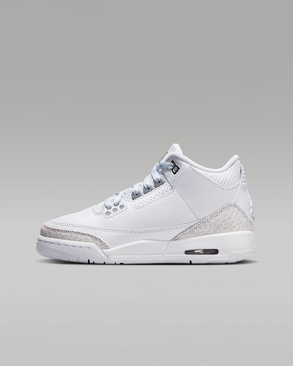 Tenis para niños grandes Air Jordan 3 Retro - Blanco/Blanco/Plata metalizado