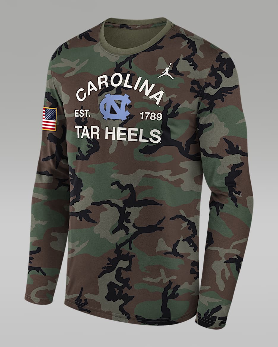 North Carolina 2025 Military Appreciation Legend Men's Jordan Brand Dri-FIT College Long-Sleeve T-Shirt - Olive
