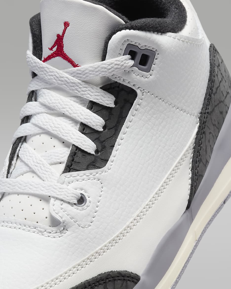 Tenis para niños de preescolar Jordan 3 Retro "Cement Gray" - Blanco cumbre/Gris cemento/Negro/Rojo pasión