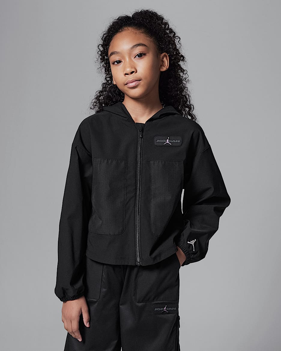 Sudadera con gorro de tejido Woven de cierre completo artesanal y funcional para niños talla grande Jordan - Negro