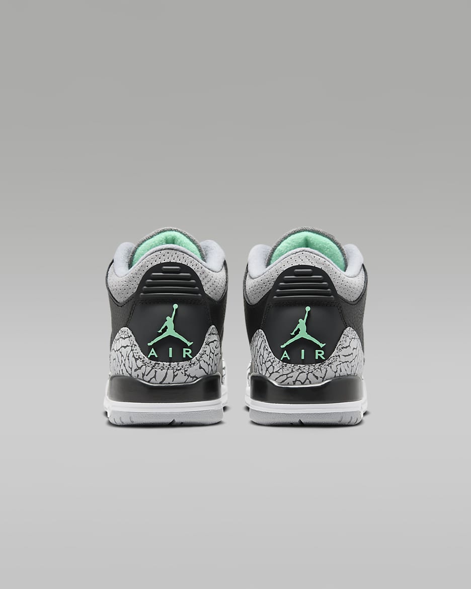 Tenis para niños grandes Air Jordan 3 Retro "Green Glow" - Negro/Gris lobo/Blanco/Verde resplandor