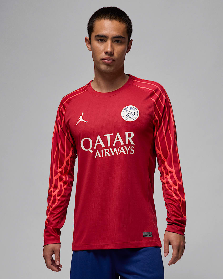 Jersey de fútbol de manga larga Jordan Dri-FIT Replica para hombre Paris Saint-Germain 2025 Stadium Goalkeeper Fourth - Rojo Wings Jordan/Carmesí láser/Fantasma