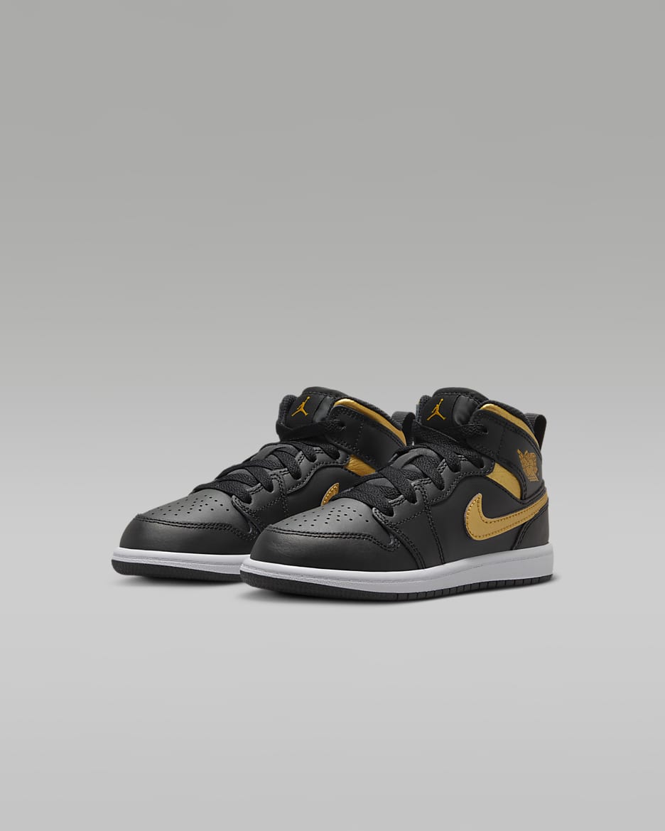 Jordan 1 Mid Younger Kids' Shoes - Black/White/Metallic Gold