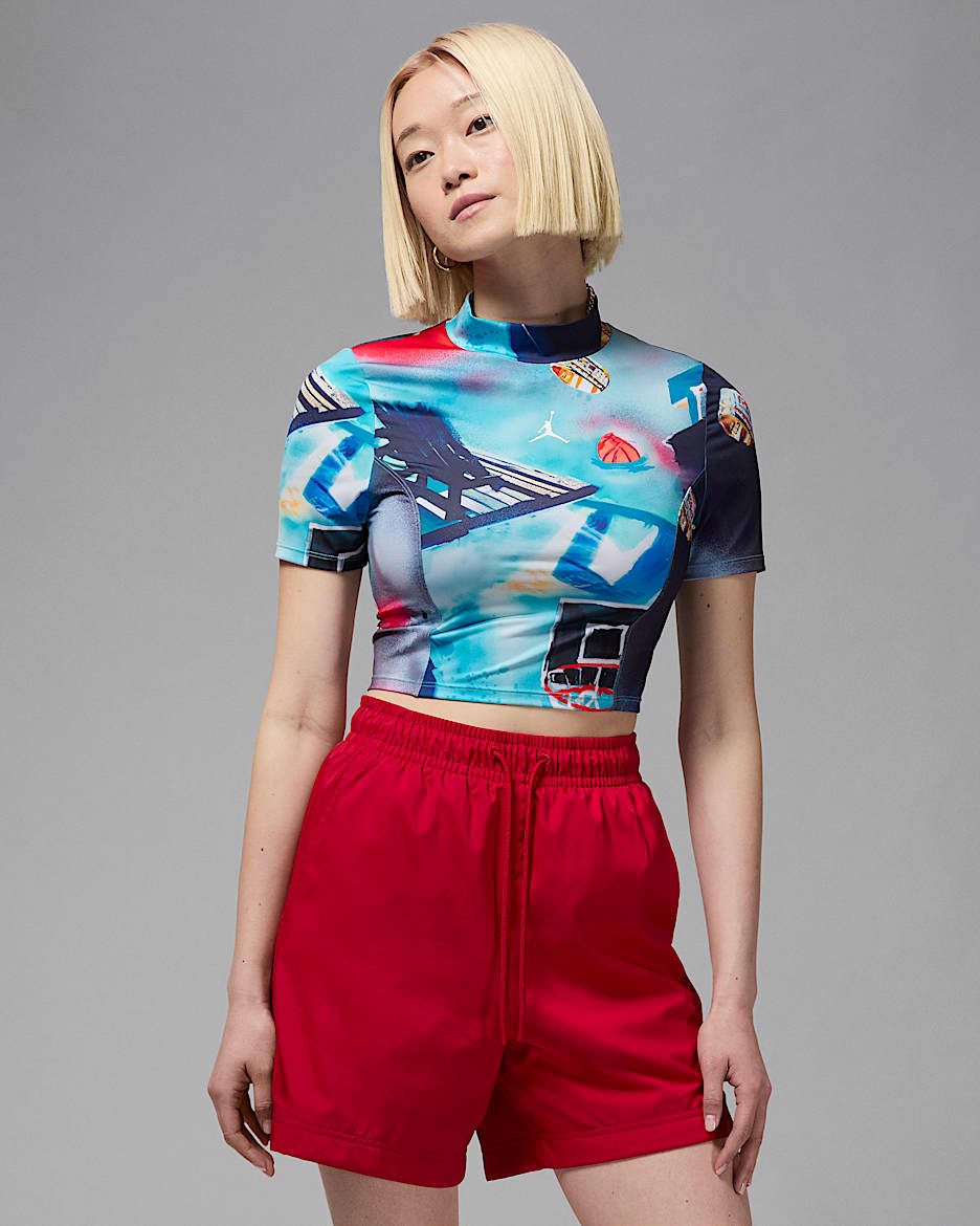 Top cropped de manga corta de teijdo Knit estampado para mujer Jordan - Blanco
