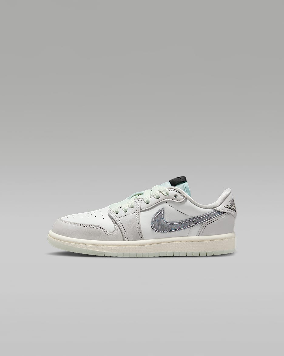 Tenis para niños de preescolar Jordan 1 Retro Low "LNY" - Blanco cumbre/Polvo fotón/Verde ligero/Blanco cumbre