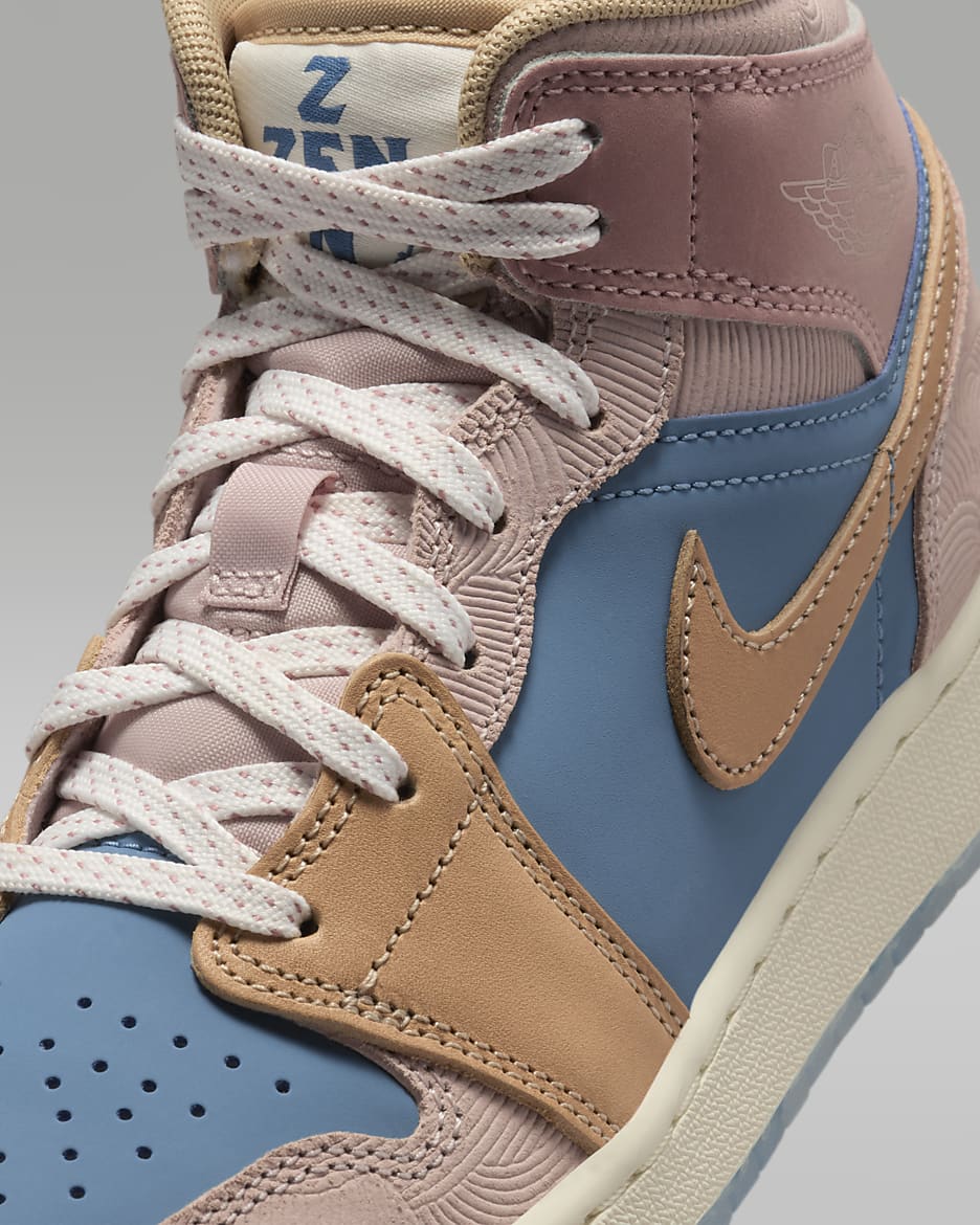 Air Jordan 1 Mid Sneaker School Older Kids' Shoes - Aegean Storm/Pink Oxford/Red Stardust/Hemp