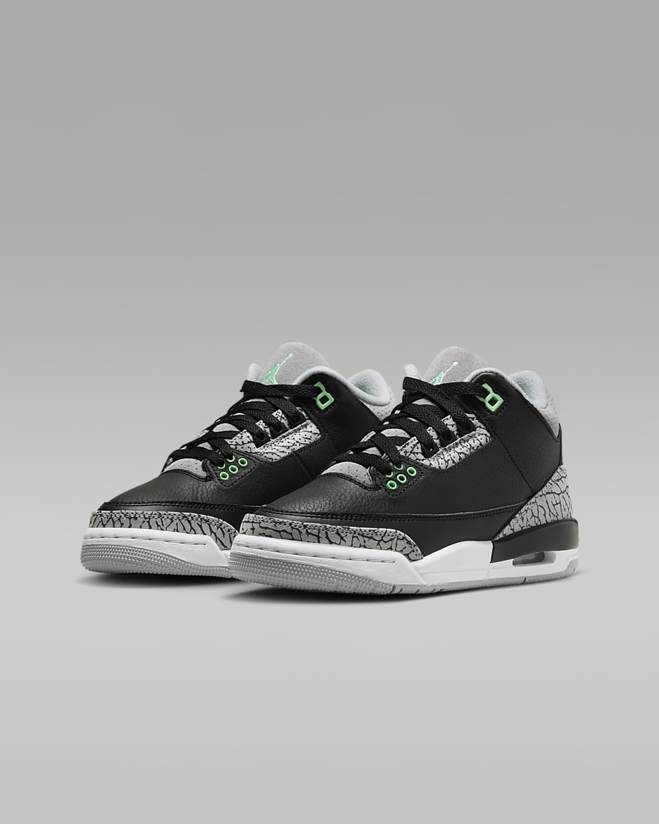 Air Jordan 3 Retro "Green Glow" Big Kids' Shoes - Black/Wolf Grey/White/Green Glow