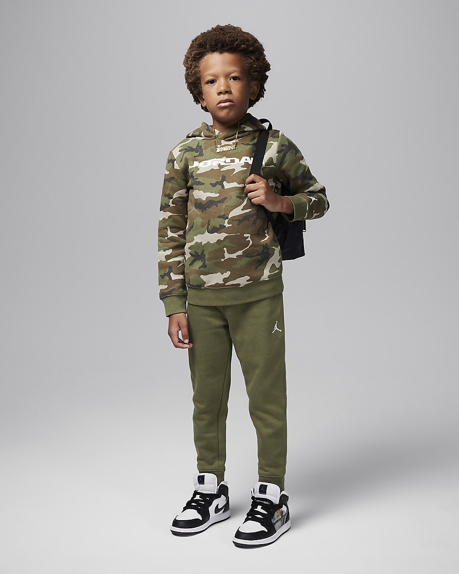 Conjunto de dos piezas de sudadera con gorro sin cierre de tejido Fleece camuflajeado para preescolar MVP Jordan - Oliva medio