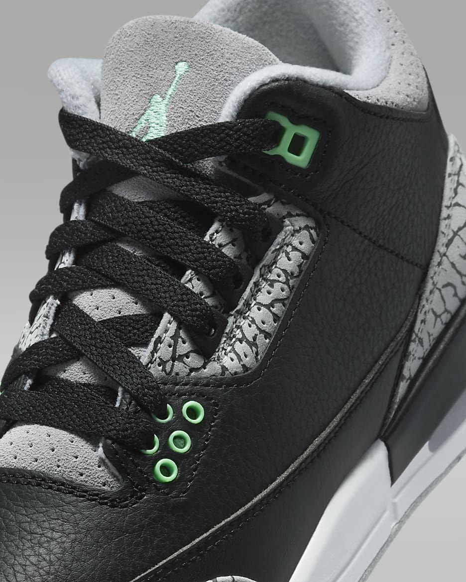 Tenis para niños grandes Air Jordan 3 Retro "Green Glow" - Negro/Gris lobo/Blanco/Verde resplandor