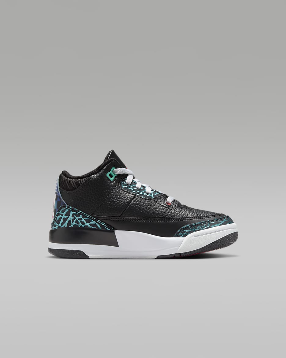 Tenis para niños de preescolar Jordan 3 Retro - Negro/Hiperjade/Blanco/Rojo sirena