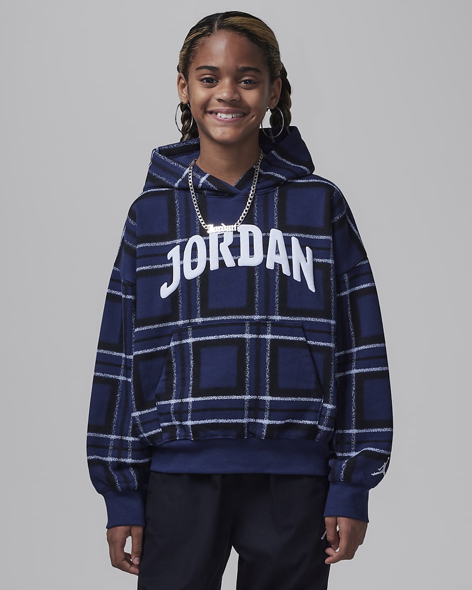 Sudadera con gorro sin cierre con estampado a cuadros para niños talla grande Jordan Brooklyn Essentials - Azul marino medianoche