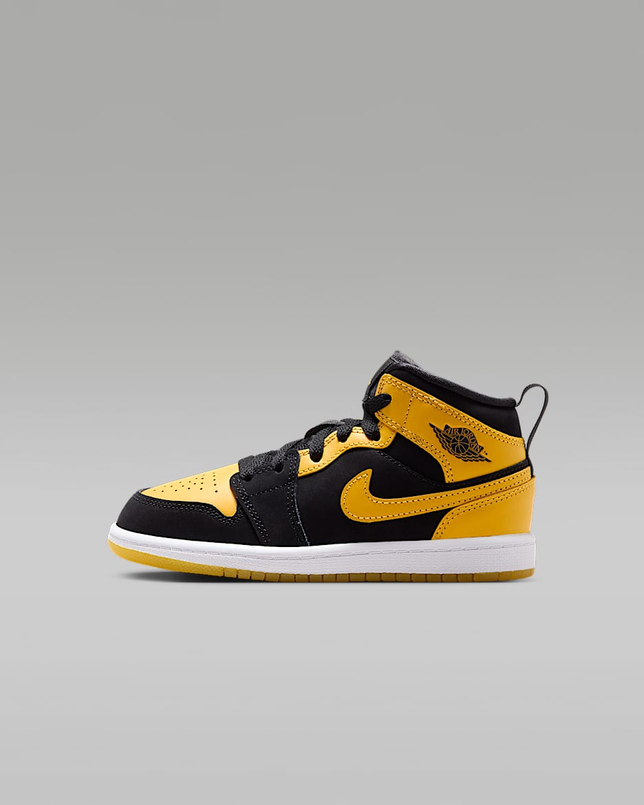 Tenis para niños de preescolar Jordan 1 Mid SE - Negro/Blanco/Amarillo universitario