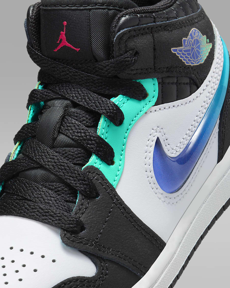 Jordan 1 Mid SE Little Kids' Shoes - Black/White/Hyper Jade/Siren Red