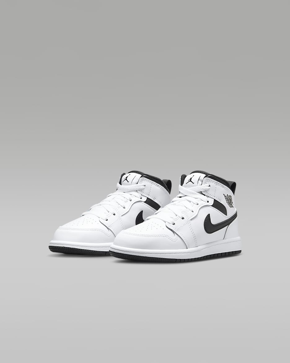 Jordan 1 Mid Younger Kids' Shoes - White/White/Black/Black