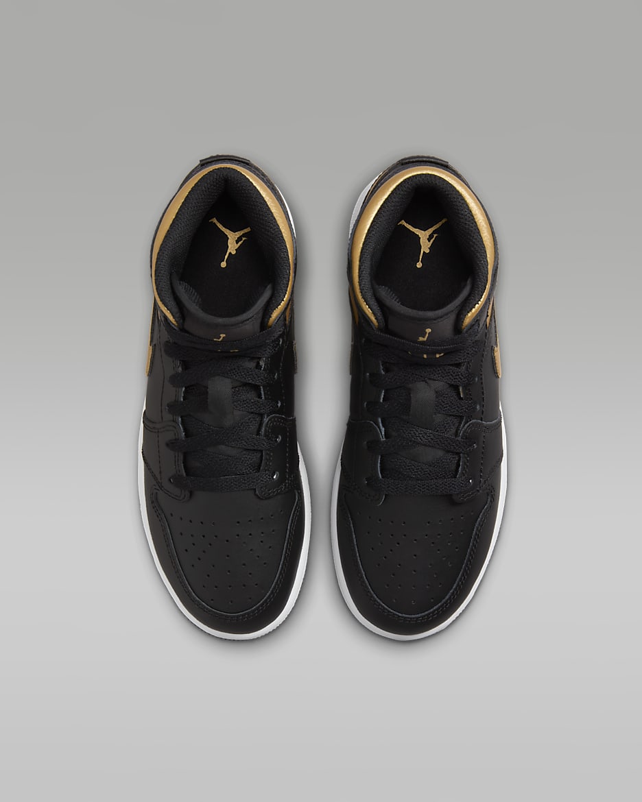 Air Jordan 1 Mid sko til store barn - Svart/Hvit/Metallic Gold